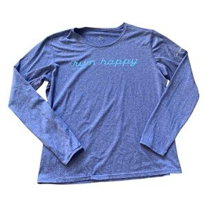 Brooks Blue Long Sleeve Shirt with 'Run Happy' Text M